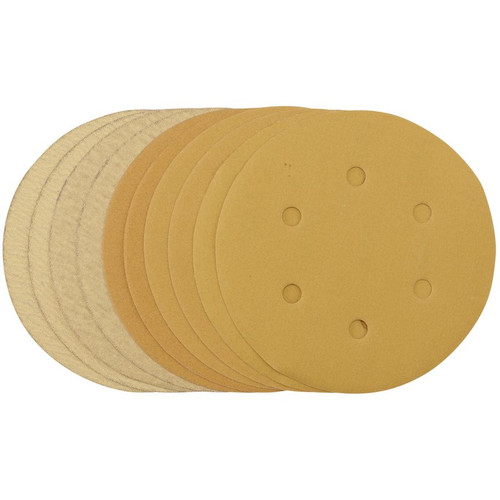 Draper 64284 Gold Sanding Discs with Hook & Loop, 150mm, Assorted Grit - 120G, 180G, 240G, 320G, 400G, 6 Dust Extraction Holes (Pack of 10)