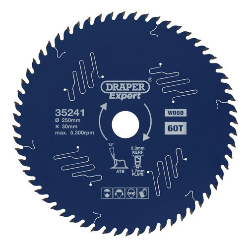 Draper Expert 35241 TCT Circular Saw Blade for Wood with PTFE Coating, 250 x 30mm, 60T