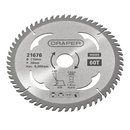 Draper 21676 TCT Circular Saw Blade for Wood, 210 x 30mm, 60T