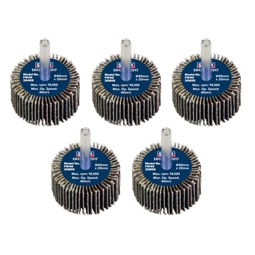 Sealey FW4020ASS 40 x 20mm Abrasive Flap Wheel with 6mm Shaft Assorted Grit - Pack of 5