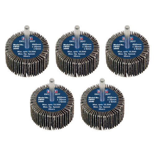 Sealey FW5025ASS 50 x 25mm Abrasive Flap Wheel with 6mm Shaft Assorted Grit - Pack of 5