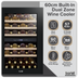 Baridi DH118 57 Bottle Built-In Dual Zone Wine Cooler with Beech Wood Shelves & LED Light - Black