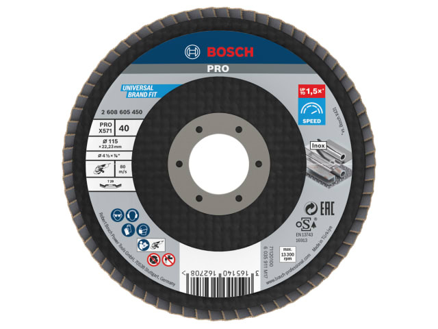 Bosch 2608605450 PRO X571 Flap Disc, Angled 115 x 22.23 x G40