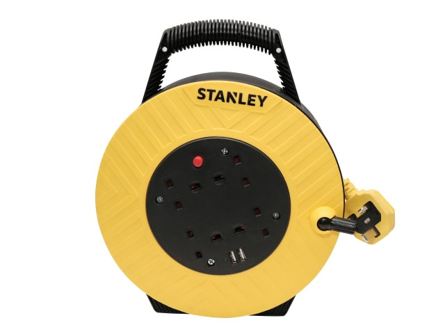 Stanley SXECGJ2OHQE Semi-Enclosed Cable Reel 240V 13A 4-Socket + 2 USB 15m