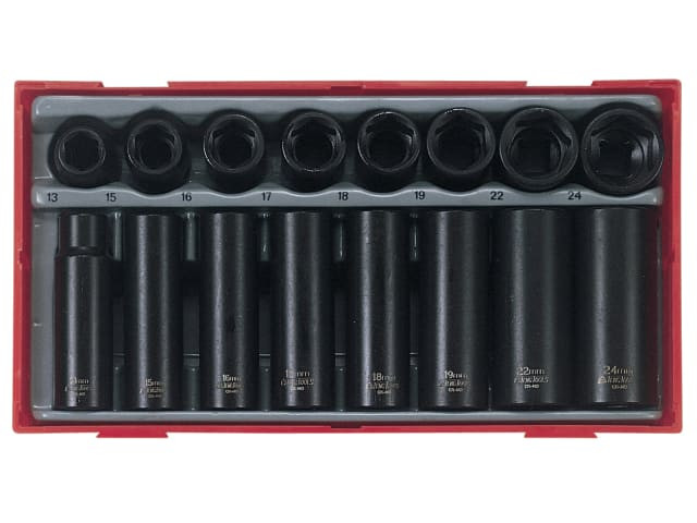 Teng TT9116 Regular/Deep Impact Socket Set, 16 Piece- 1/2in Drive