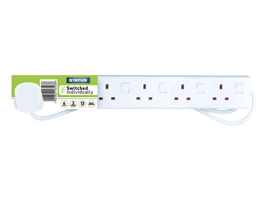 Status International® S6W2MINDSS12 Extension Socket Switched 6 Way 2m White S6W2MINDSS12
