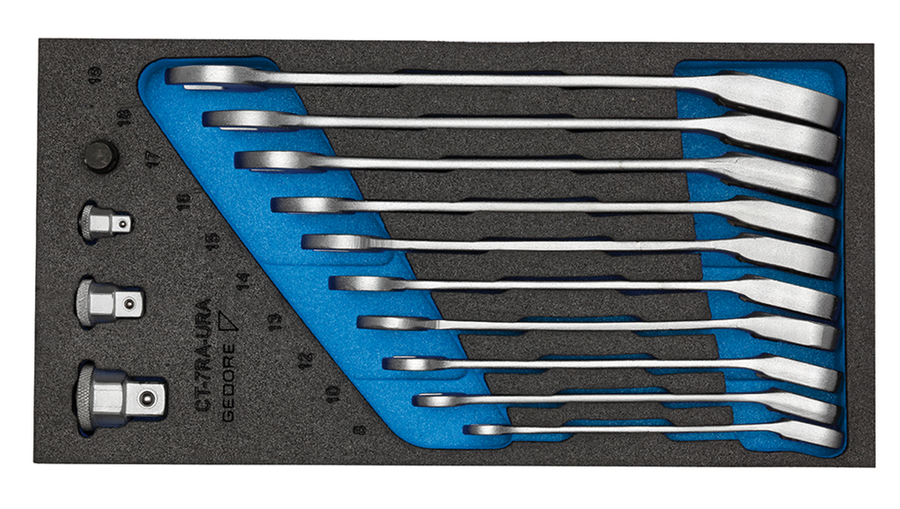 Gedore 2327678 1500 CT1-7 URA Open-ended spanner set with ring ratchet switchable in CT module