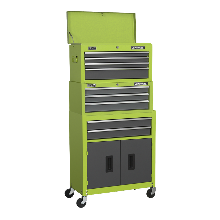 Sealey AP2200BBHVSTACK American Pro Topchest, Mid-Box Tool Chest & Rollcab 9 Drawer Stack - Green