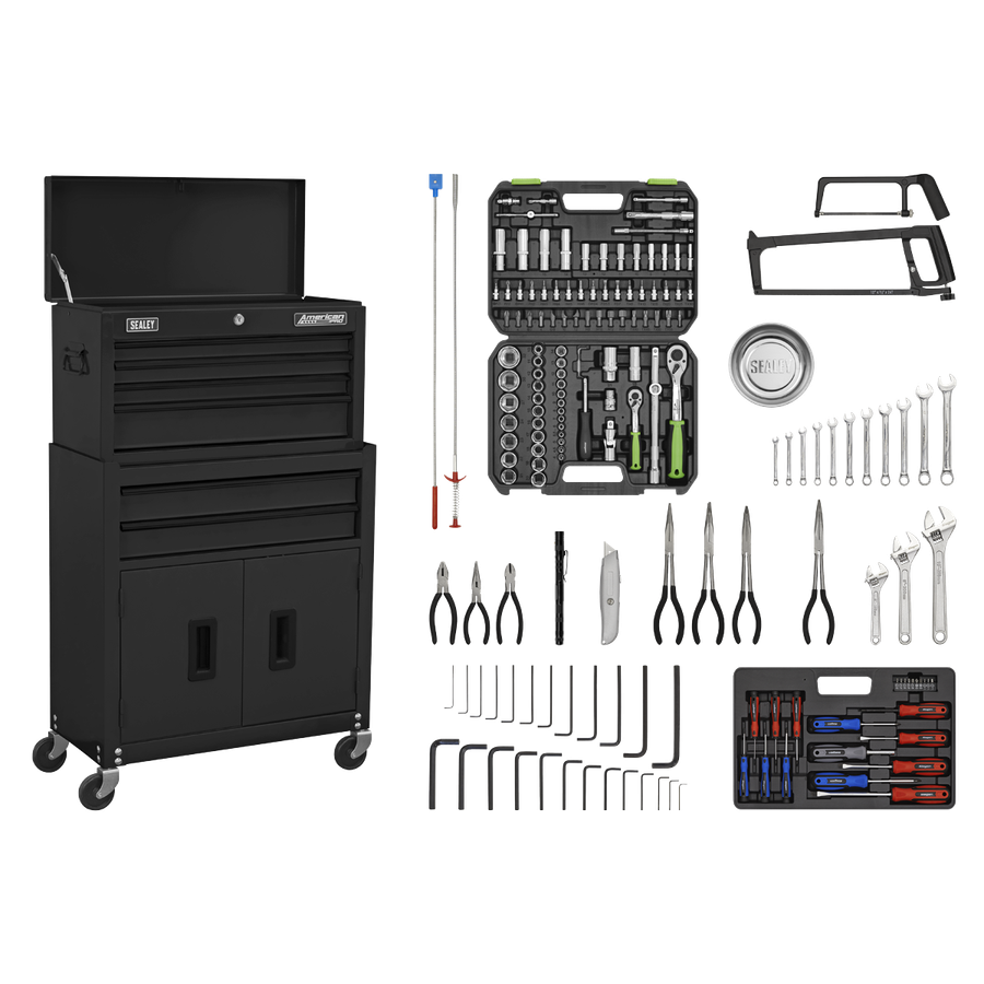 Sealey AP22BKCOMBO American Pro Topchest & Rollcab Combination 6 Drawer with 170pc Tool Kit - Black