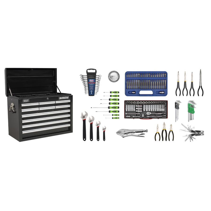 Sealey AP33109BCOMBO Superline Pro Topchest 10 Drawer with 140pc Tool Kit - Black