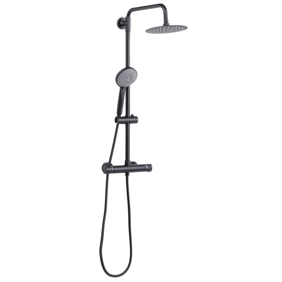 Baridi DH315 Thermostatic Shower Mixer Set, 20cm Round Head, Adjustable Rail - Black