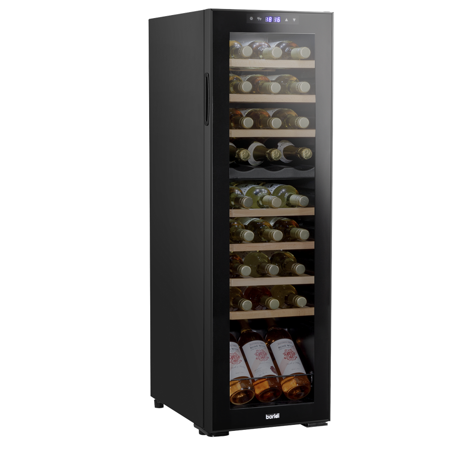 Baridi DH90 27 Bottle Dual Zone Wine Fridge with Digital Touch Screen Controls, Beech Wood Shelves & LED Light - Black