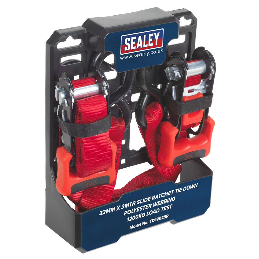 Sealey TD1202SR Slide Ratchet Strap Polyester Webbing with S-Hooks 32mm x 3m 1200kg Breaking Strength