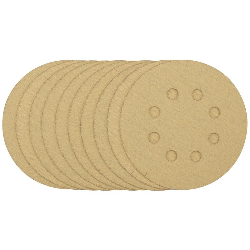 Draper 58111 Gold Sanding Discs with Hook & Loop, 125mm, 120 Grit, 8 Dust Extraction Holes (Pack of 10)