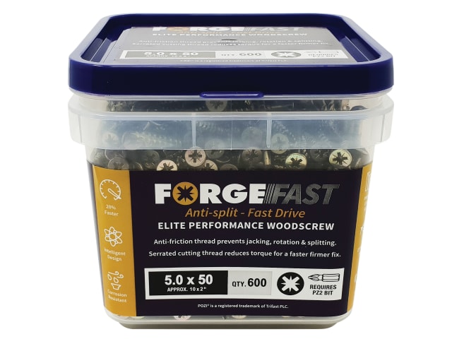 ForgeFix FFP550YT ForgeFast Pozi Compatible Elite Performance Wood Screw ZY 5.0 x 50mm Tub 600