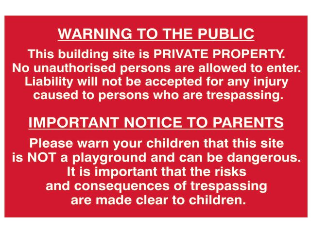 Scan 4251 Building Site Warning to Public & Parents - PVC Sign 600 x 400mm