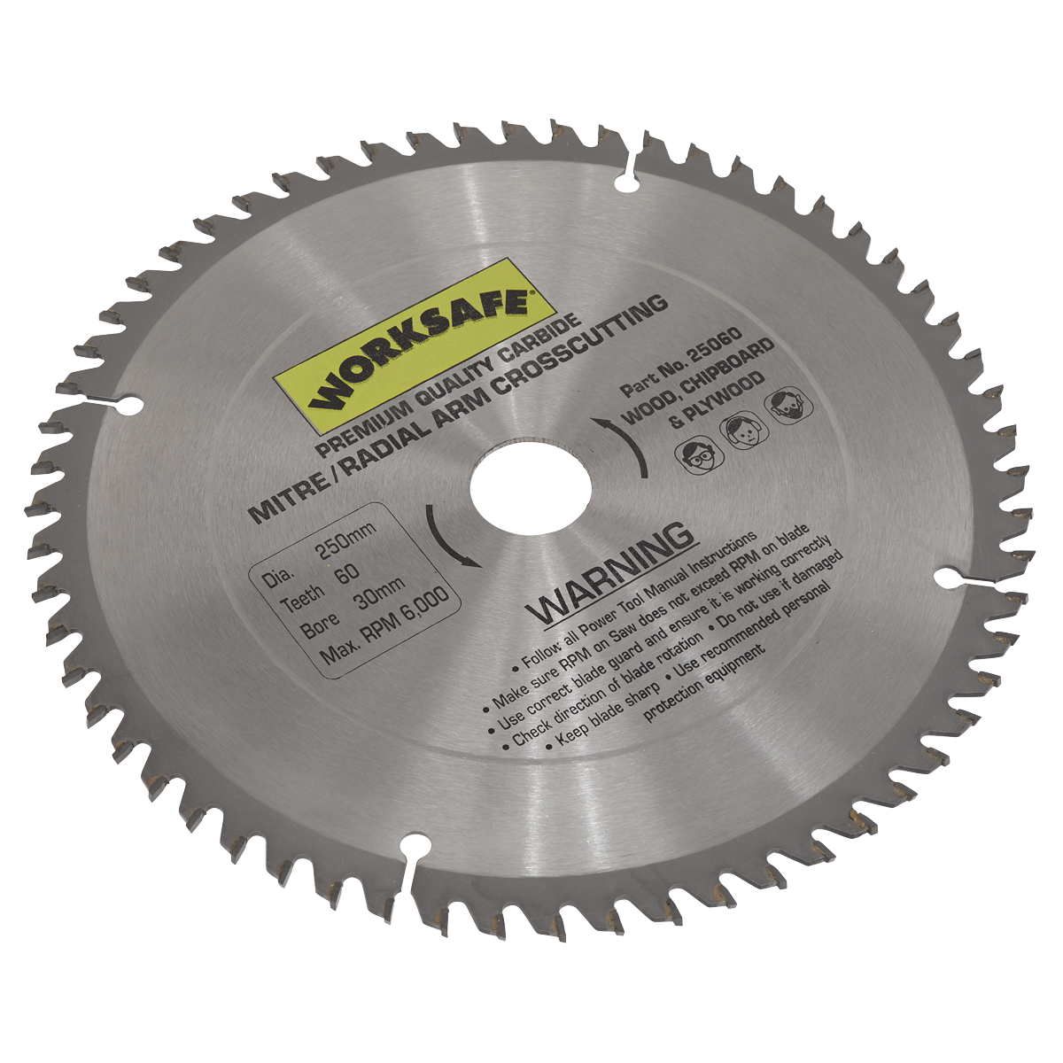 Sealey 25060 Worksafe TCT Saw Blade 250 x 30mm 60tpu