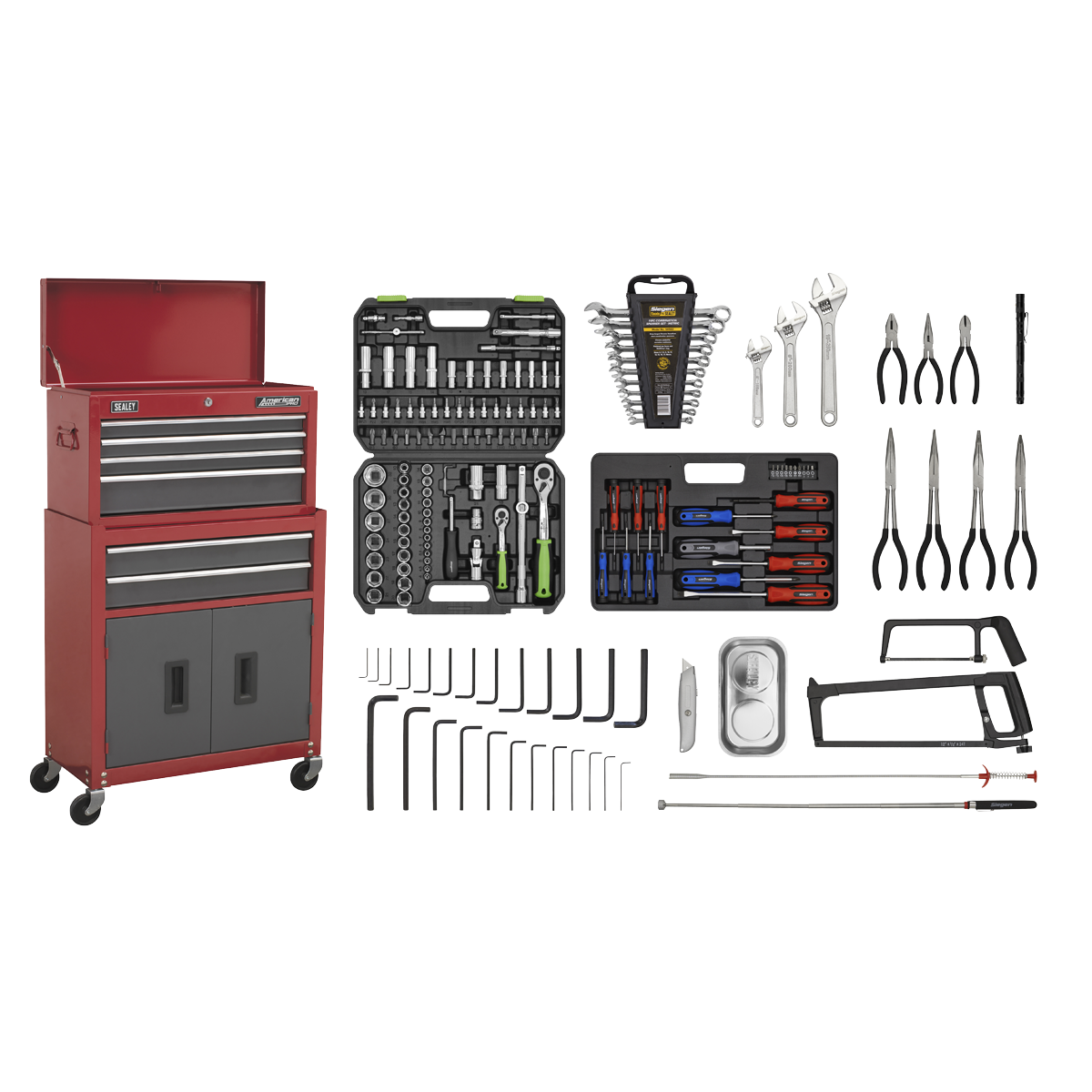 Sealey AP2200BBCOMBO American Pro Topchest & Rollcab Combination 6 Drawer with 170pc Tool Kit - Red/Grey