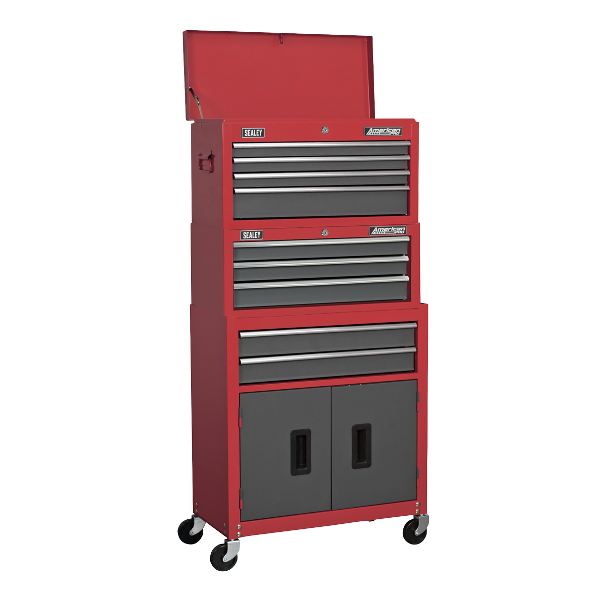 Sealey AP2200BBSTACK American Pro Topchest, Mid-Box Tool Chest & Rollcab Stack 9 Drawer - Red