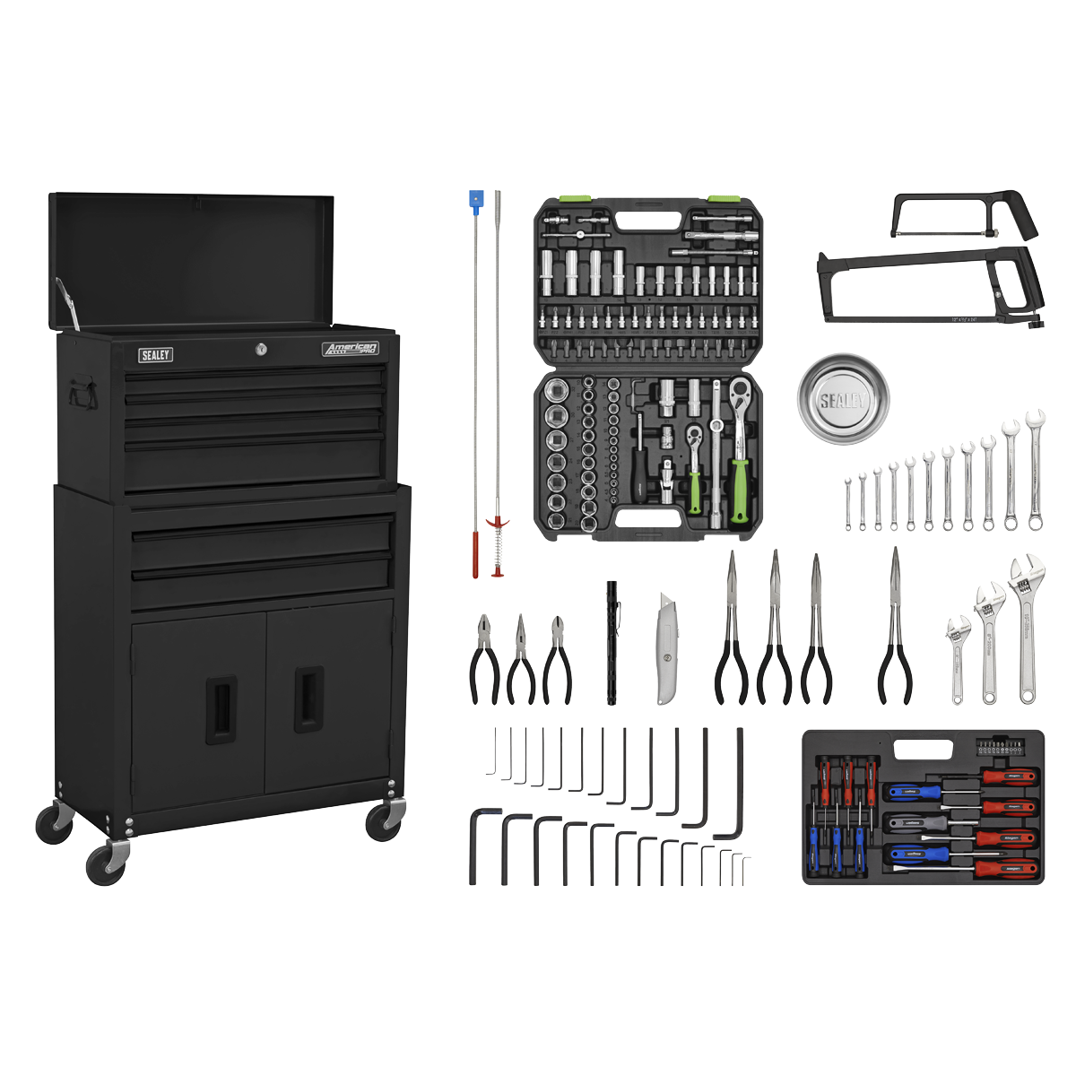 Sealey AP22BKCOMBO American Pro Topchest & Rollcab Combination 6 Drawer with 170pc Tool Kit - Black
