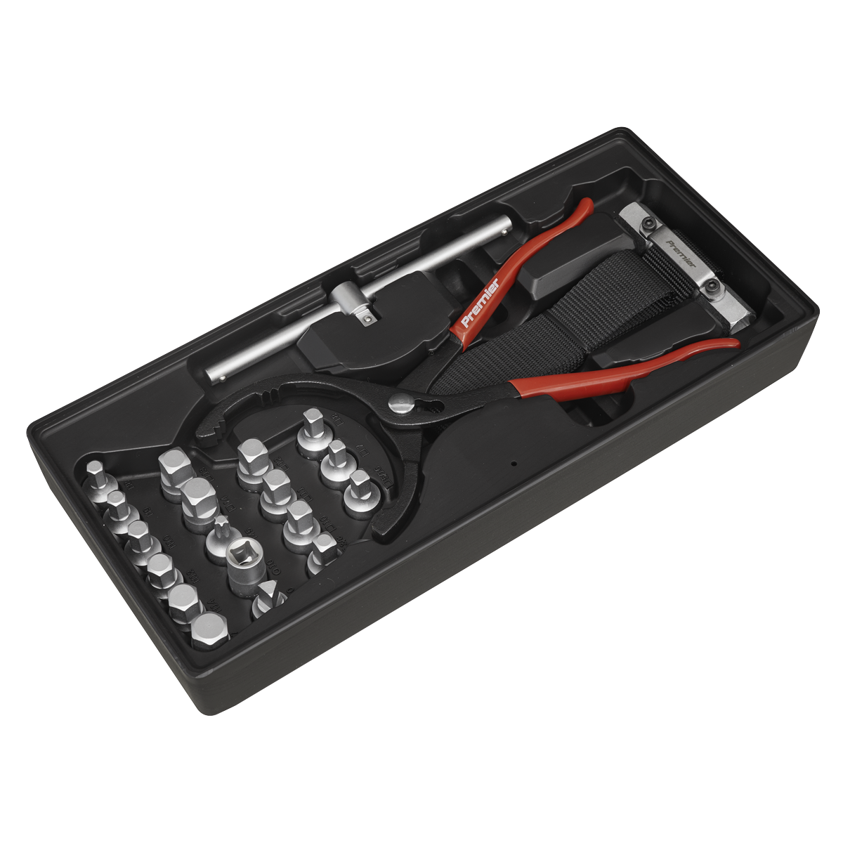 Sealey TBT28 Premier Oil Filter Wrench, Pliers & Drain Key Set with Tool Tray 21pc