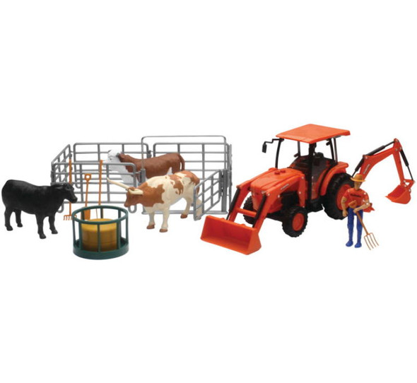 New Ray Toys Kubota Tractor with Figurine, Animals and Fence/ Scale - 1:18 SS-33313