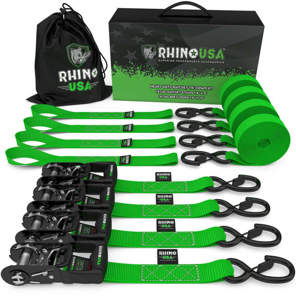 Rhino USA Heavy Duty Ratchet Tie-Down 4-Pack (Green) 1.6In X 8Ft HDKIT-4PK-GRN