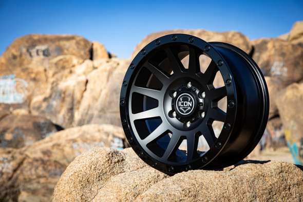 ICON Compression 18x9 6x5.5 0mm Offset 5in BS 106.1mm Bore Double Black Wheel 2018908350DB
