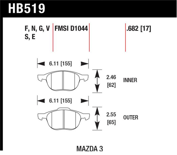 Hawk HP+ 08-09 Mazda 3 / Ford/ Volvo HP+ Street Front Brake Pads HB519N.682 Hawk HP+ 08-09 Mazda 3 / Ford/ Volvo HP+ Street Front Brake Pads HB519N.682
