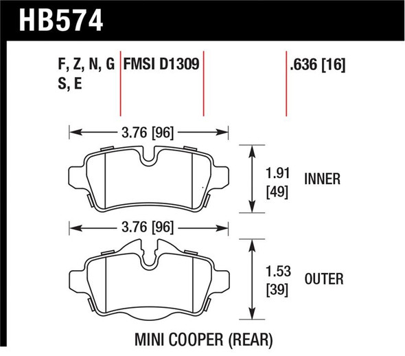 Hawk 07+ Mini Cooper Performance Ceramic Street Rear Brake Pads HB574Z.636