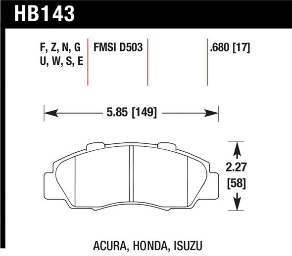 Hawk 97-99 Acura CL/97-01 Integra Type-R /  97-01 Honda CRV/Prelude DTC-60 Race Front Brake Pads HB143G.680