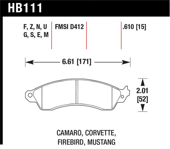 Hawk 96-99 Mustang Cobra 4.6L / 88-96 Corvette 5.7L / 88-92 Camaro 5.0L/5.7L 89-92 Pontiac Firebird HB111S.610