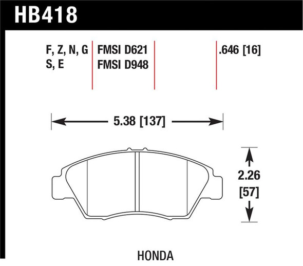 Hawk 02-06 RSX (non-S) Front / 03-09 Civic Hybrid / 04-05 Civic Si HP+ Street Rear Brake Pads HB418N.646