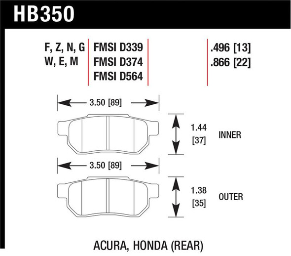 Hawk 90-01 Acura Integra (excl Type R) / 98-00 Civic Coupe Si HP+ Street Rear Brake Pads HB350N.496 Hawk 90-01 Acura Integra (excl Type R) / 98-00 Civic Coupe Si HP+ Street Rear Brake Pads HB350N.496