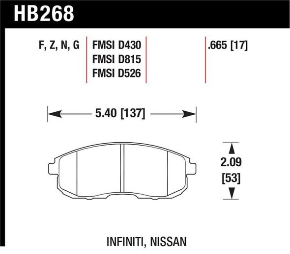 Hawk 03-04 G35/03-05 G35X/ 02-05 350z w/o Brembo Performance Ceramic Street Front Brake Pads HB268Z.665