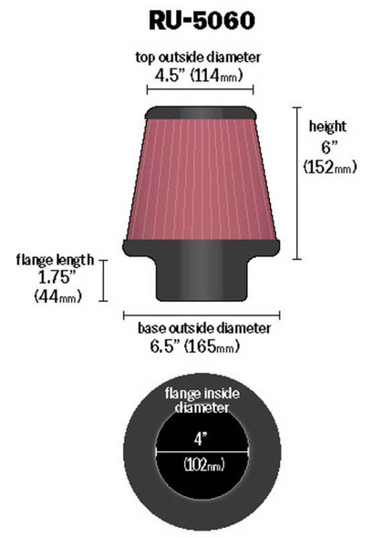 K&N Universal Clamp-On Air Filter 4in FLG / 6-1/2in B / 4-1/2in T / 6in H RU-5060
