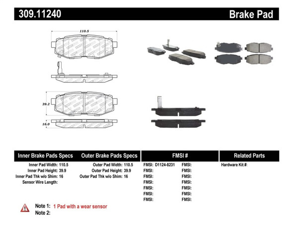 StopTech Performance 06-10 Subaru Legacy Sedan/Outback/13 BRZ / 13 Scion FR-S Rear Brake Pads 309.1124