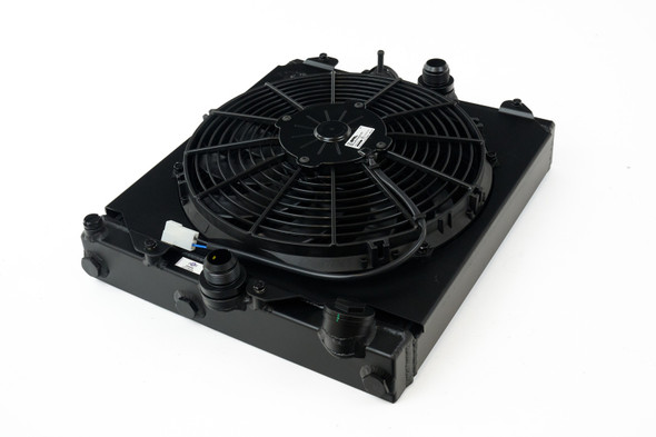 CSF Universal Half Radiator w/-16AN & Slip-On Fittings/12in SPAL Fan & Shroud - Black Finish 2858XB