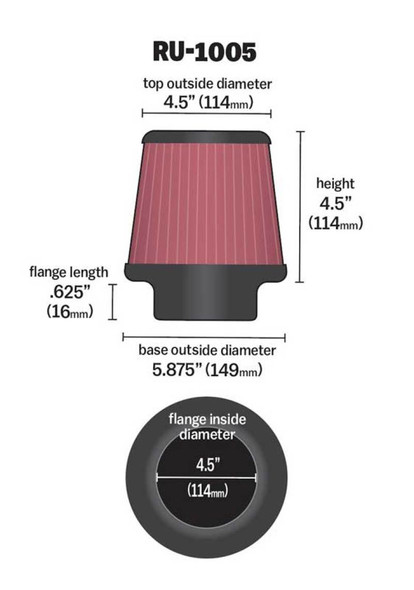 K&N Filter Universal X Stream Clamp-On 4-1/2in Flange 5-7/8in Base 4-1/2in Top 4-1/2in Height RU-1005
