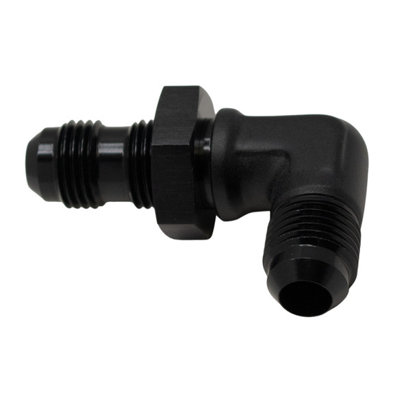 DeatschWerks 6AN Male Flare to 6AN Male Flare Bulkhead Adapter 90-Degree - Anodized Matte Black 6-02-0710-B