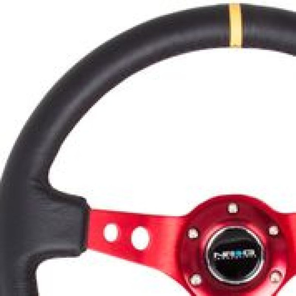 NRG Reinforced Steering Wheel (350mm / 3in. Deep) Blk Leather w/Red Spokes & Sgl Yellow Center Mark RST-006RD-Y