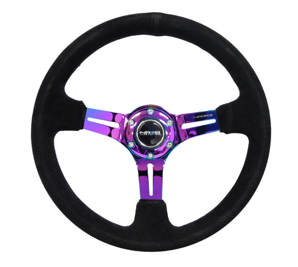 NRG Reinforced Steering Wheel (350mm / 3in. Deep) Blk Suede/Blk Stitch w/Neochrome Slits RST-018S-MCBS