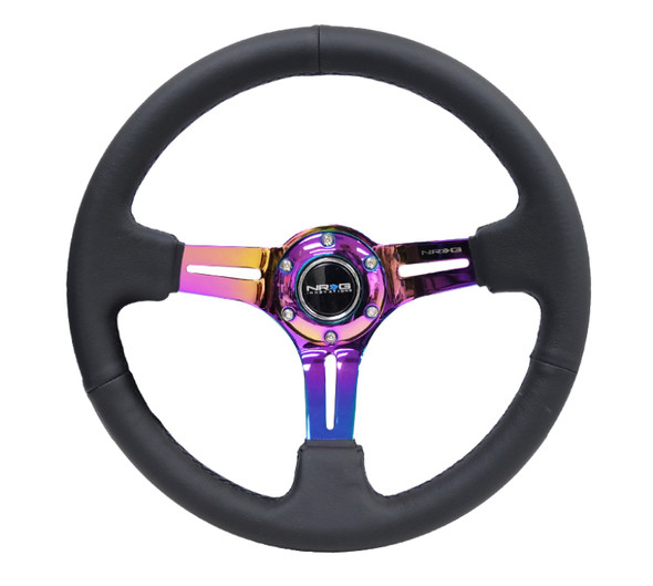 NRG Reinforced Steering Wheel (350mm / 3in. Deep) Blk Leather/Blk Stitch w/Neochrome Slits RST-018R-MCBS