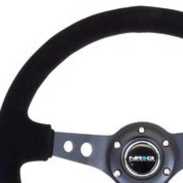 NRG Reinforced Steering Wheel (350mm / 3in. Deep) Blk Suede/Blk Stitch w/Black Circle Cutout Spokes RST-006-S