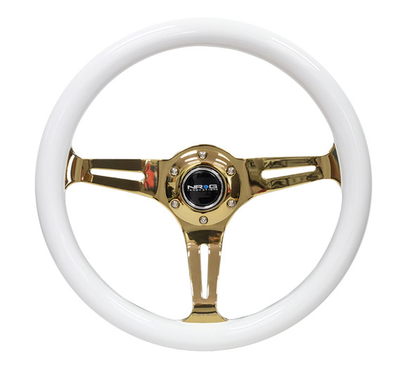NRG Classic Wood Grain Steering Wheel (350mm) White Grip w/Chrome Gold 3-Spoke Center ST-015CG-WT