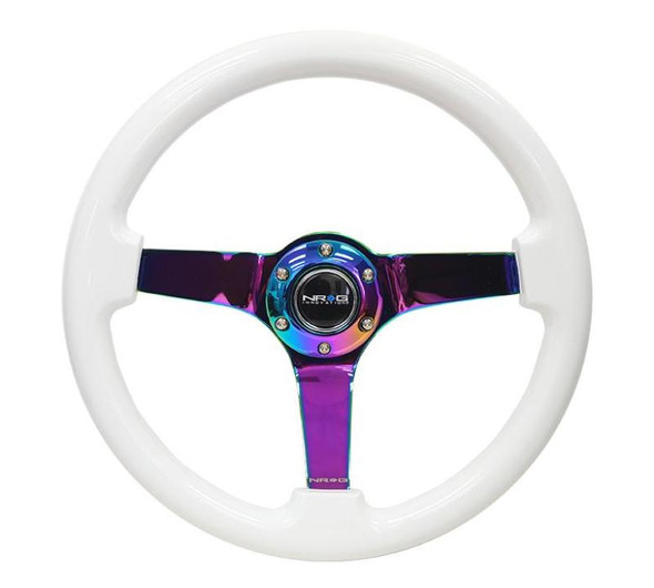 NRG Reinforced Steering Wheel (350mm / 3in. Deep) Classic White w/4mm Neochrome Solid 3-Spoke RST-036WT-MC