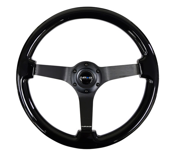 NRG Reinforced Steering Wheel (350mm / 3in. Deep) Black w/Black Chrome Solid 3-Spoke Center RST-036BK-BK