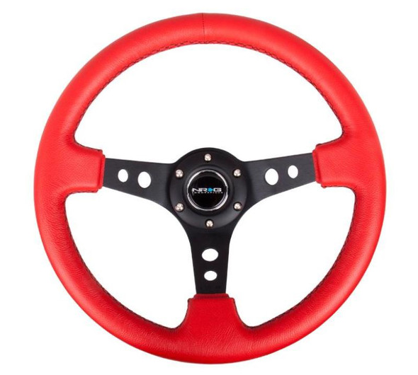 NRG Reinforced Steering Wheel (350mm / 3in. Deep) Red Leather/Blk Stitch w/Blk Spokes (Hole Cutouts) RST-006RR-BS-B