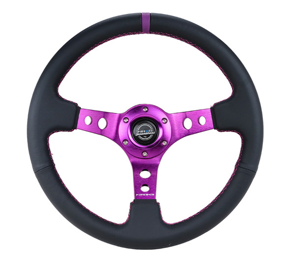 NRG Reinforced Steering Wheel (350mm / 3in. Deep) Black Leather w/Purple Center & Purple Stitching RST-006PP