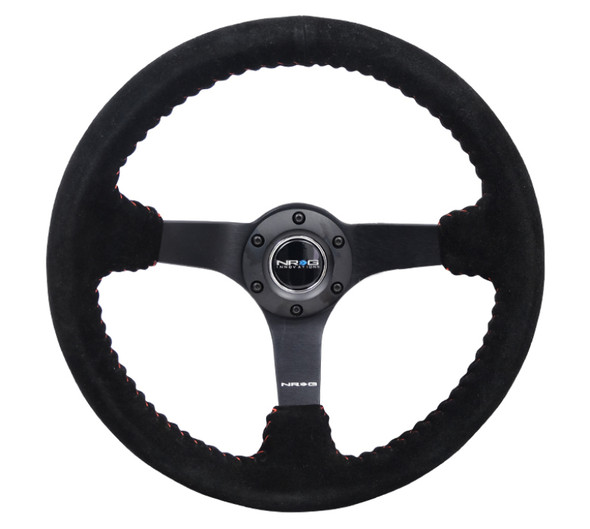NRG Reinforced Steering Wheel (350mm / 3in. Deep) Blk Suede/Red BBall Stitch w/5mm Matte Blk Spokes RST-036MB-S-RD